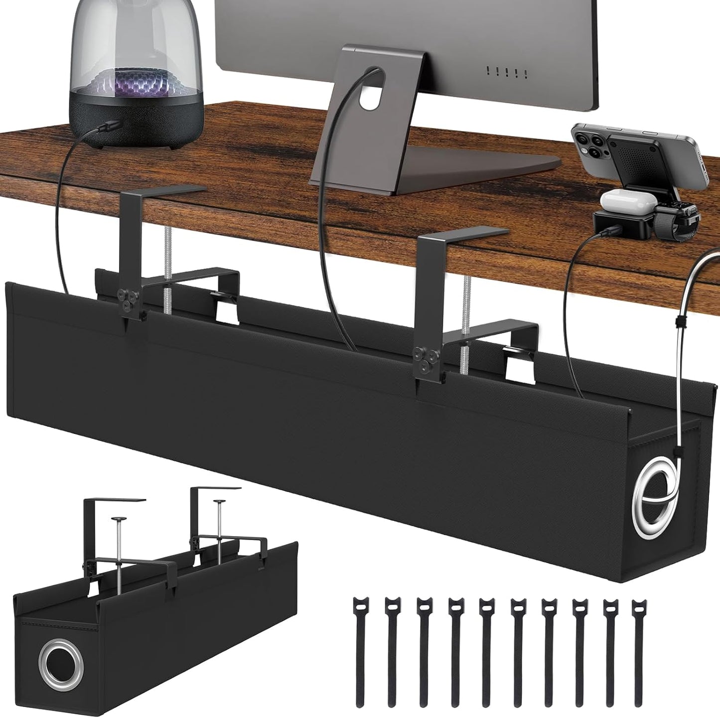 Under Desk Cable Management Tray, 30" Cord Organizer for Table with Oxford Fabric, 60LBS Capacity, No Drill Installation, Cable Management Fits Most Desks, Gaming Setup & Home Office