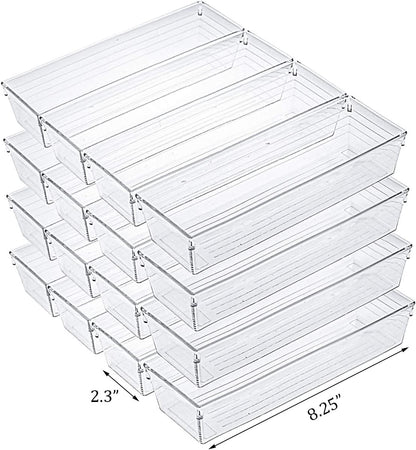 Kingrol 12 Pack Clear Drawer Organizers, 9 x 3 x 2 Inch Drawer Divider Storage Bins, Desk Storage Box Set for Kitchen Bedroom Bathroom Office Craft Supplies