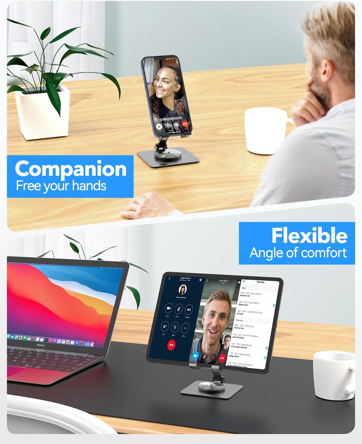 Cell Phone & Tablet Stand for Desk, Aluminum Adjustable Holder for iPhone, iPad & Smartphones || Foldable Mount with 360° Swivel, Stable Base & Portable Design for 4–9.7in Devices, Purple