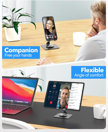 Cell Phone & Tablet Stand for Desk, Aluminum Adjustable Holder for iPhone, iPad & Smartphones || Foldable Mount with 360° Swivel, Stable Base & Portable Design for 4–9.7in Devices, Purple