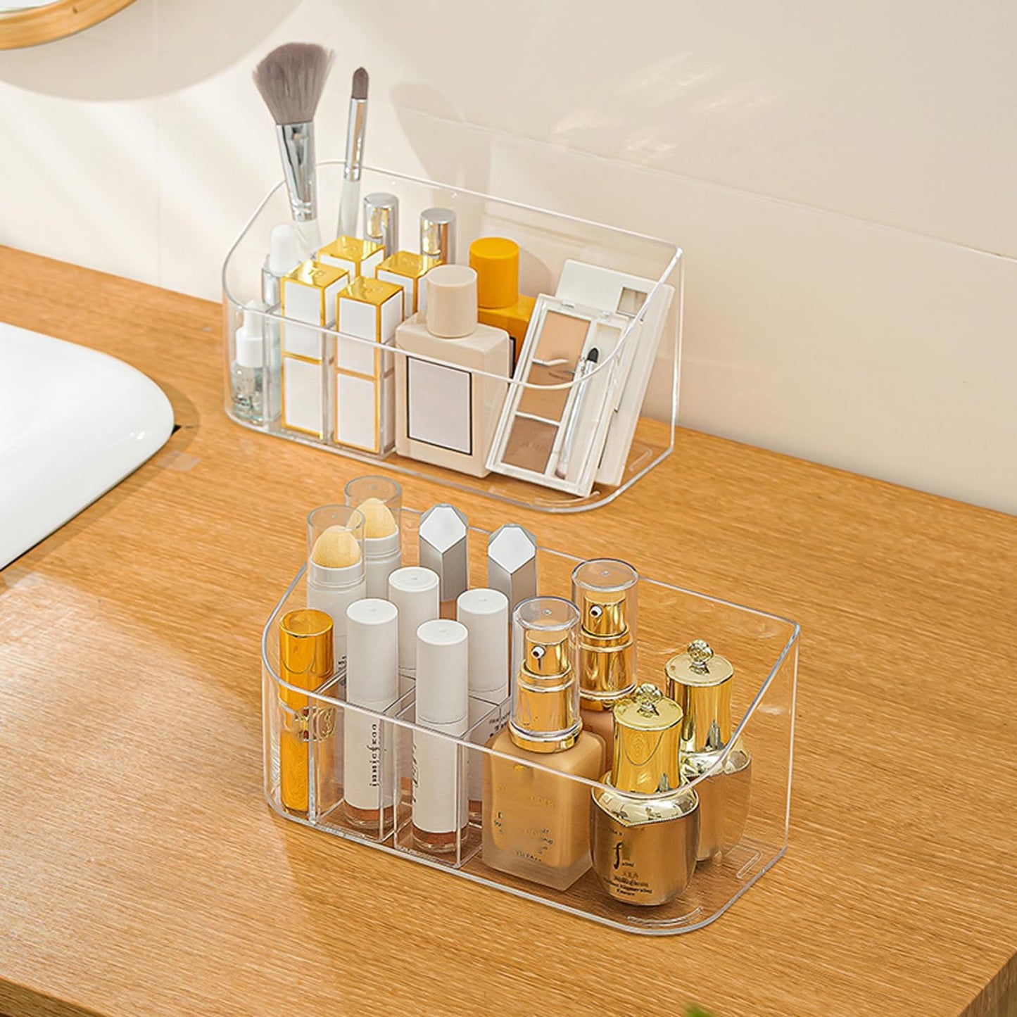MORNITE Bathroom Medicine Cabinet Organizer Set, Narrow Compact Makeup Shelves Holder for Lipstick, Cosmetic, 2 Pcs Trays for Cabinet Door Wall, Vanity - Clear