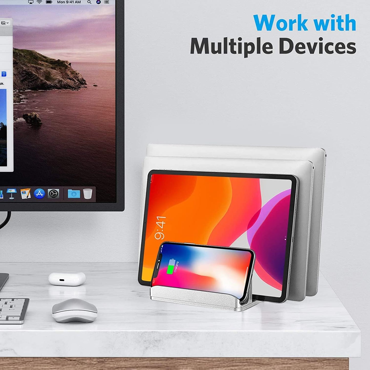 3-Slot Vertical Laptop Stand for Desk [Updated Version],Space-Saving Aluminum Desktop Stand Holder with Adjustable Dock Size Compatible for All MacBook/HP/Dell/Surface/Samsung/Chrome Book(Silver)