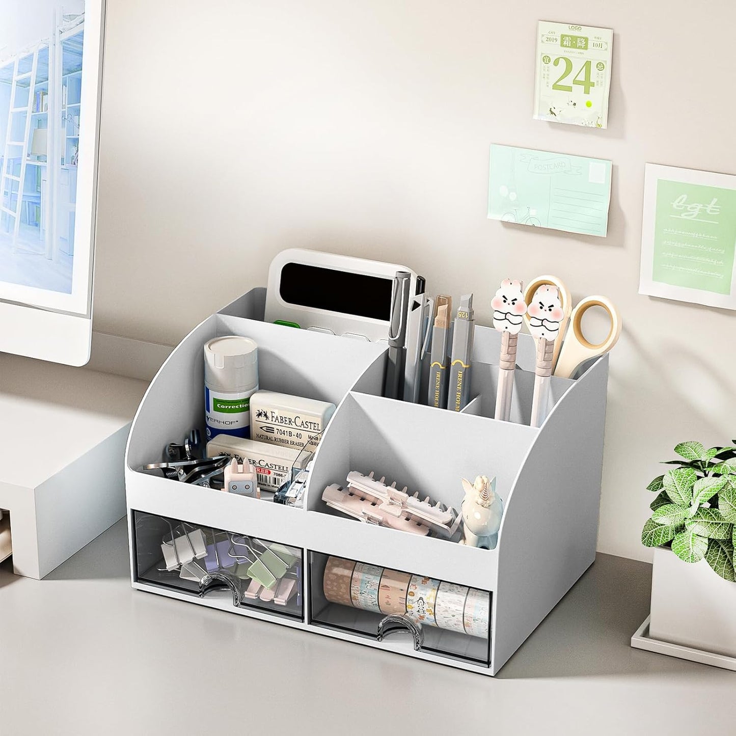 COMFYROOM Desk Organizer with 6 Compartments and 2 Drawers, Plastic Makeup Organizer, Pen Holder for Desktop Storage, Desk Organization for School, Home, Office Supplies (White)