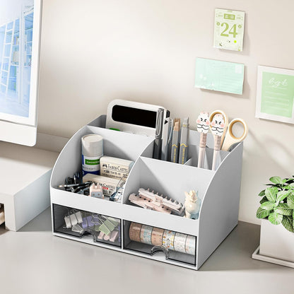 COMFYROOM Desk Organizer with 6 Compartments and 2 Drawers, Plastic Makeup Organizer, Pen Holder for Desktop Storage, Desk Organization for School, Home, Office Supplies (White)