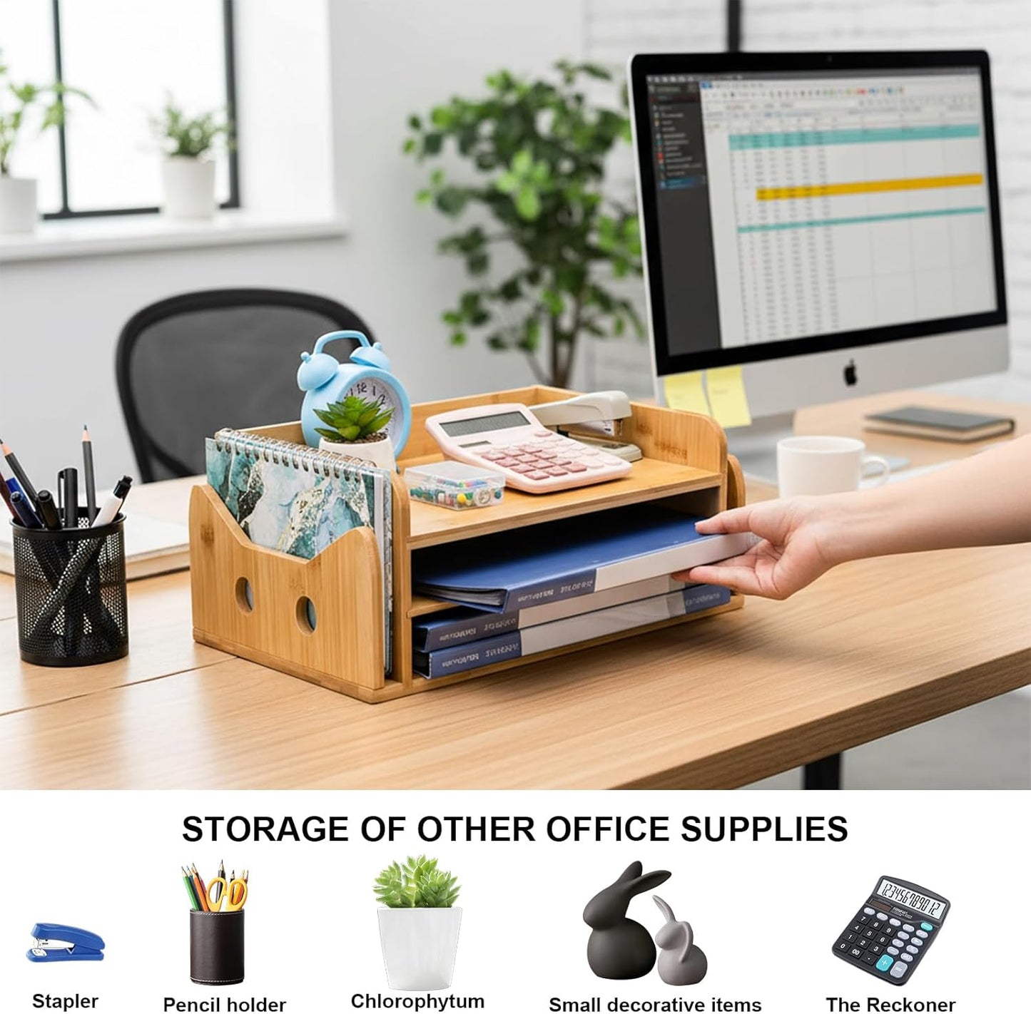 ZOOFOX 3-Tier Paper Letter Tray, Wood Letter File Folder Holder with 3 Trays and 2 Vertical Section, Cute Cat-Shaped Paper Tray for Home Office School