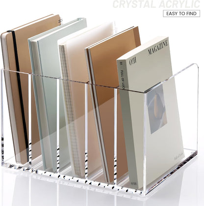 YUXUN Acrylic Magazine Holder,Clear Desk Organizer File Sorter for Notebook,Paper,Envelope,Magazine, Book Storage-Office/Home/Classroom Organization(4 Compartments,B5)