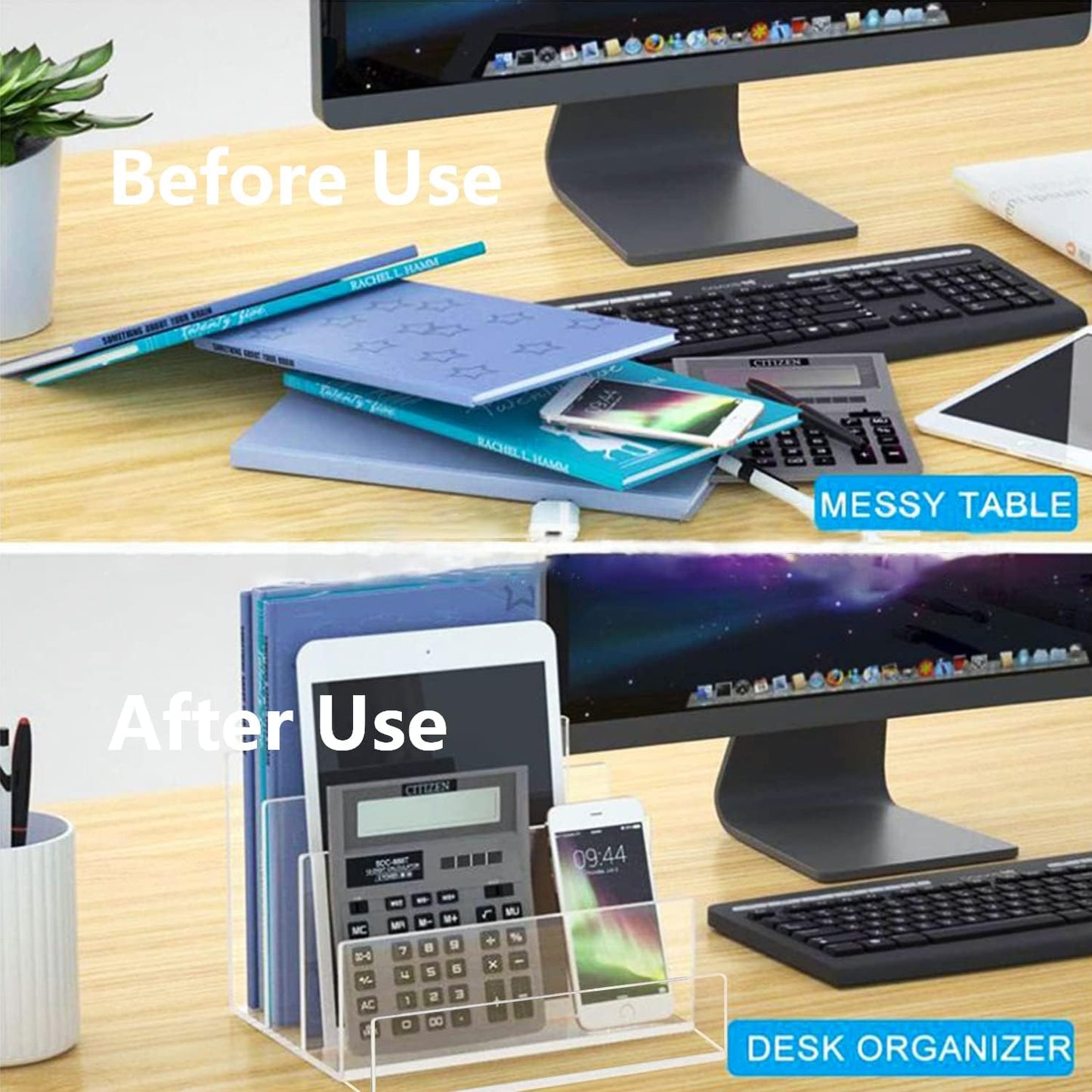 Acrylic File Organizer, 4Sections Clear Desk Organizer for Home Office, Desktop File Folder, Acrylic Mail Organizer Countertop for Notebook, Document and Paper, Clear File Holder,1Pcs