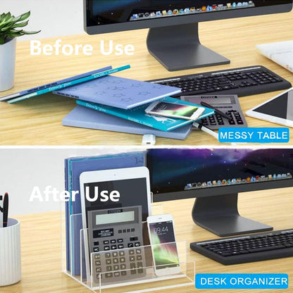 Acrylic File Organizer, 4Sections Clear Desk Organizer for Home Office, Desktop File Folder, Acrylic Mail Organizer Countertop for Notebook, Document and Paper, Clear File Holder,1Pcs