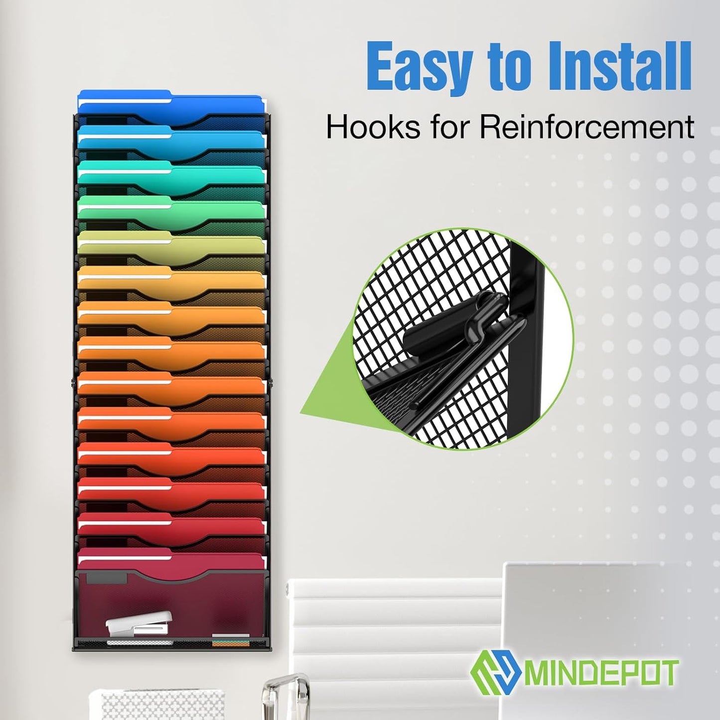 MINDEPOT 7-Tier Wall Hanging File Organizer Cubicle Hanging Organizer Mount File Holder, Mesh Magazine Document Mail Organizer Wall Organizer for Office School Home, Black