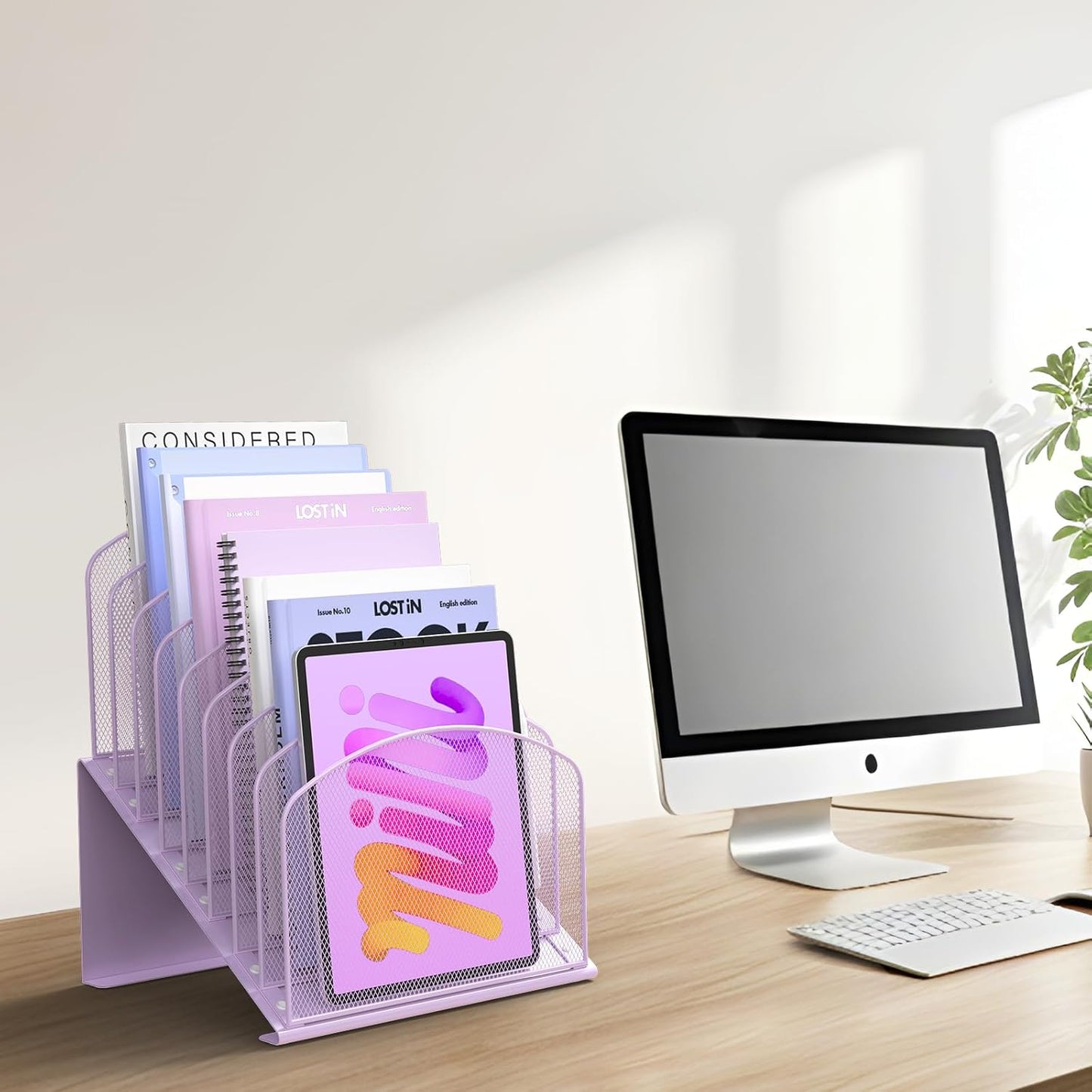 Inclined Desk File Organizer Metal Desk Magazine Folder Holder with 8-Section Vertical Compartments Rack File Organizer for Office, Home, School, Black