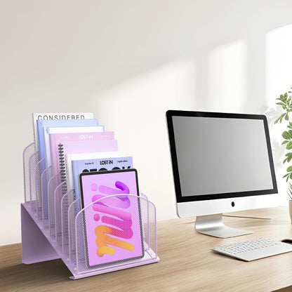 Inclined Desk File Organizer Metal Desk Magazine Folder Holder with 8-Section Vertical Compartments Rack File Organizer for Office, Home, School, Black