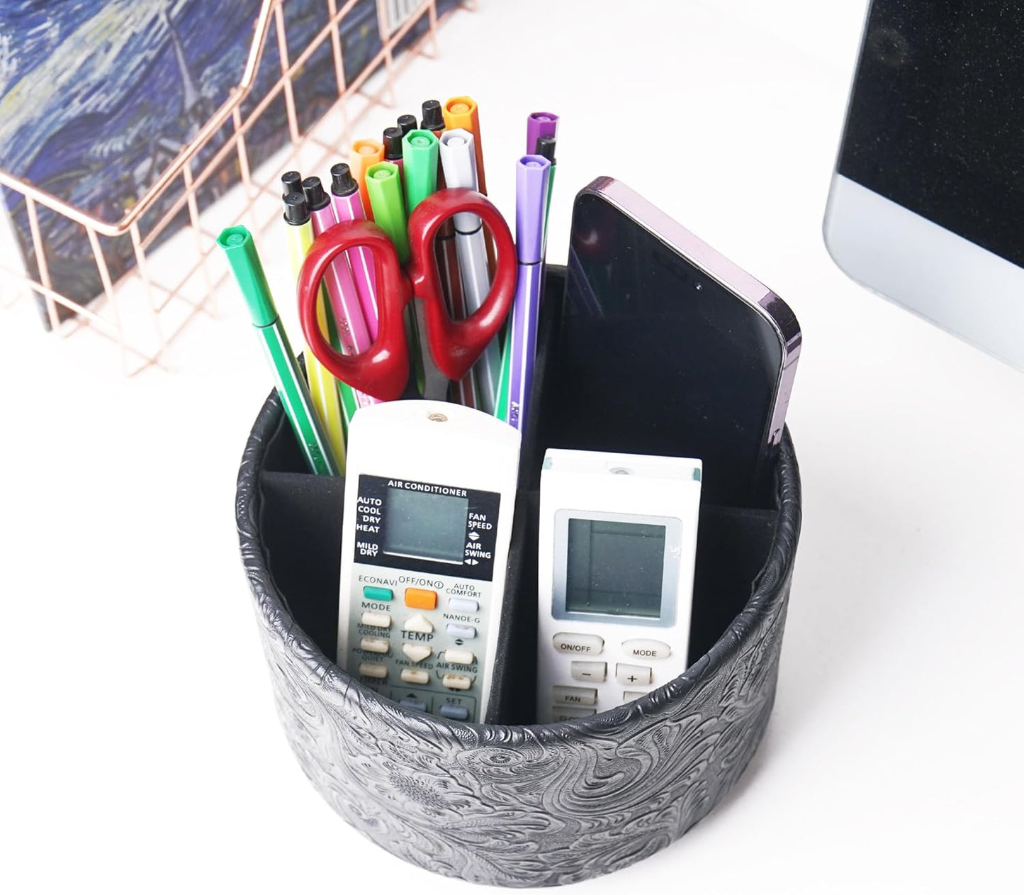 lizimandu Round Leather Art Supply Organizer,Remote Control Holder,360 Degree Spinning,Multi-Functional Pencil Holder,4 Compartments Desktop Stationary Organizer(1-Gold) - Colors A