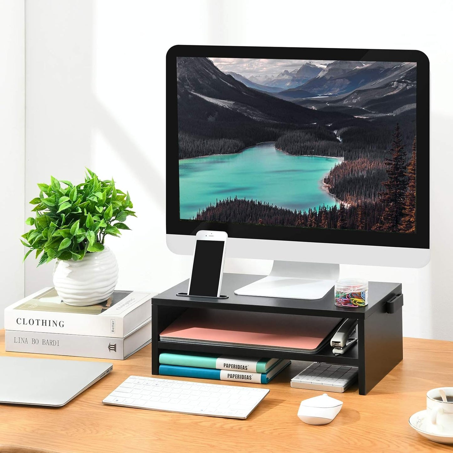 Marbrasse Monitor Stand Riser, 2 Pack 16.5 Inch 2 Tier Computer Monitor Stand, Printer Shelf Stand for Laptop Computer Screen Storagek,Desktop Stand with Phone Holder and Cable Management