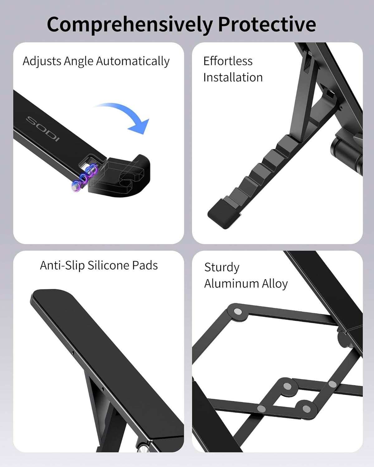 SODI [Ultra Compact] Foldable & Portable Laptop Stand for Desk, Lightweight Tablet Stand for Business Travel, Library, Cafe, 6 Level Height Ergonomic Aluminum Computer Holder for 10-16" Laptops