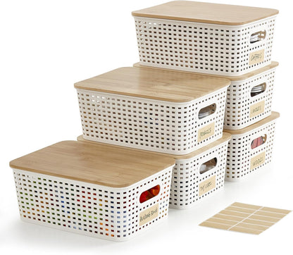 Bagnizer Small Plastic Storage Bins with Bamboo Lids 5.2qt Stackable Box Basket Pantry Decorative Containers Cute with Labels for Organizing Desktop Closet Office Cream White of 6 packs 10*7.2*4.1"