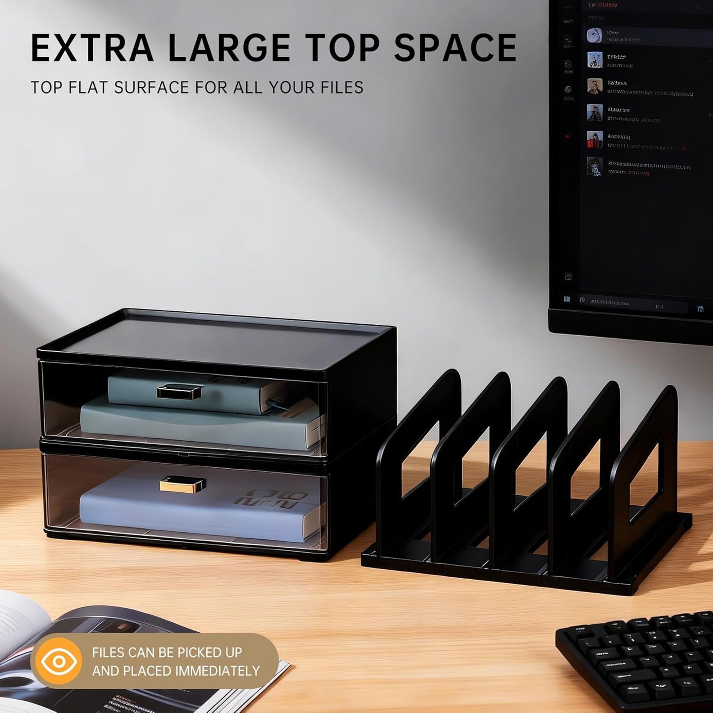 CiWiVOKi Desk Organizer with 2 Vertical File Holder, 4 Tier Stackable Paper Letter Tray File Organizer with 5-Compartments Pen Holder, Clear Desktop Organizer Office Organization and Storage