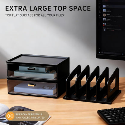 CiWiVOKi Desk Organizer with 2 Vertical File Holder, 4 Tier Stackable Paper Letter Tray File Organizer with 5-Compartments Pen Holder, Clear Desktop Organizer Office Organization and Storage