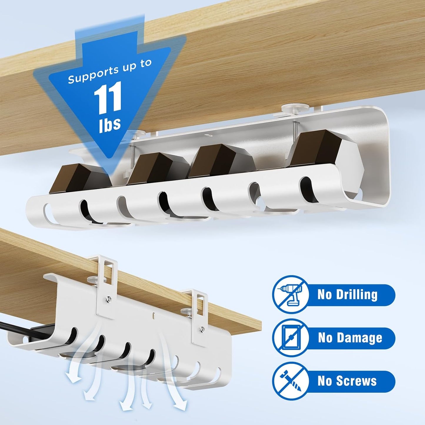 2 Pack No-Drill Under Desk Cable Management Tray 33.8 inch Large Wire Cord Organizers, Cable Management Under Desk for Home and Office No Damage Black