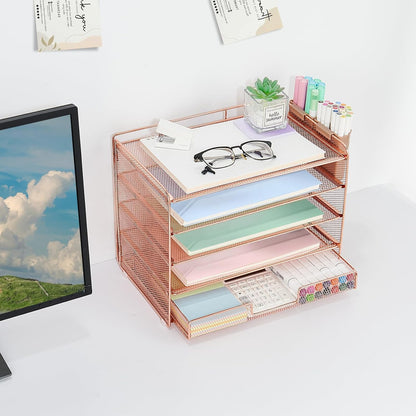 LEKETREE Desk Organizers and Accessories, 5-Tier Paper Letter Tray Organizer with File Holder, Desktop Organizer for Office Supplies (Black)