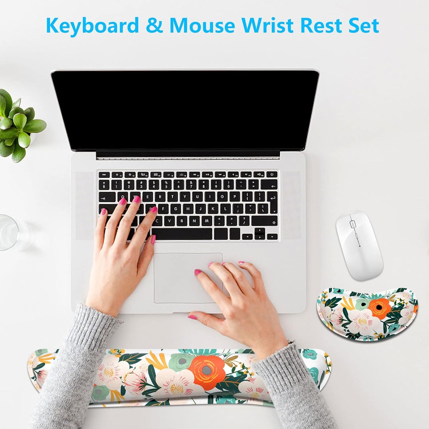 Dapesuom Enlarge Keyboard Wrist Rest, Memory Foam Wrist Cushion for Desk Mats Support, Cute Pain Relief Keyboard Mouse Pad Rests Set with Non-Slip Base for Gaming Laptop Office Computer, Green Leaf