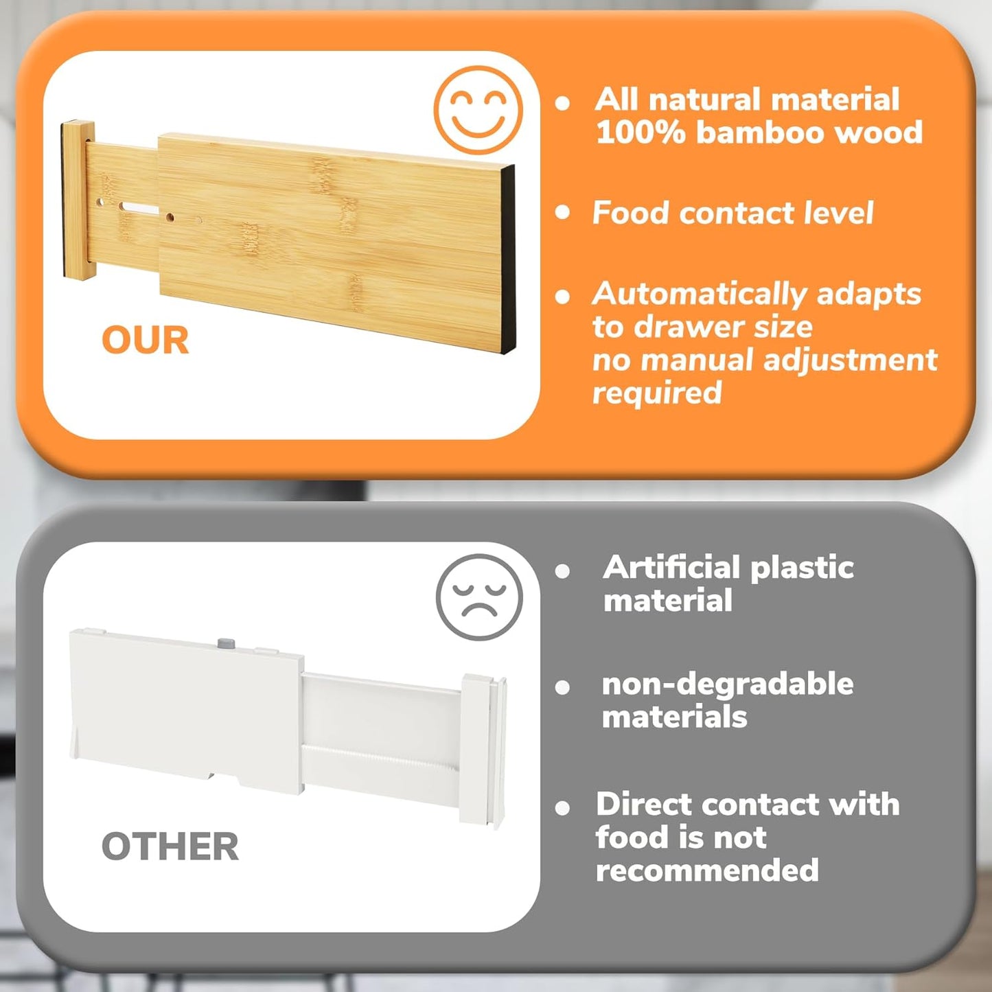 BAMEOS Drawer Dividers kitchen Organization Bamboo Utensil Organizers for Kitchen Bedroom Bathroom Dresser Office 4-pack