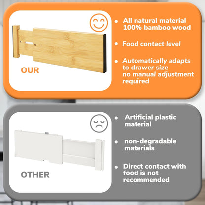 BAMEOS Drawer Dividers kitchen Organization Bamboo Utensil Organizers for Kitchen Bedroom Bathroom Dresser Office 4-pack