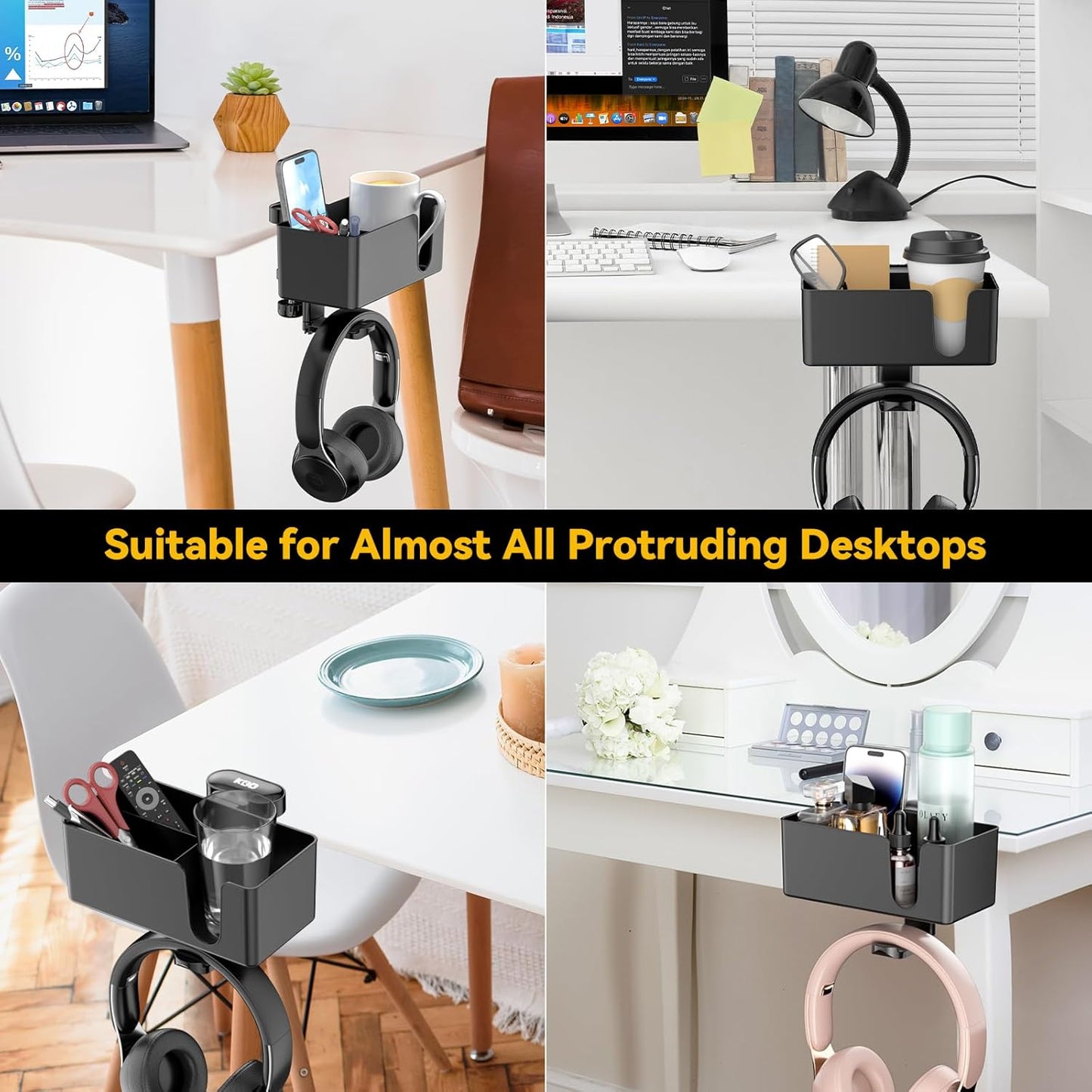 KDD 4-in-1 Desk Organizer - Under Desk Cup Holder and Headphone Hanger with 2 Wire Holes - Rotating Hanger and Detachable Storage for Cup, Phone and Pen (White)