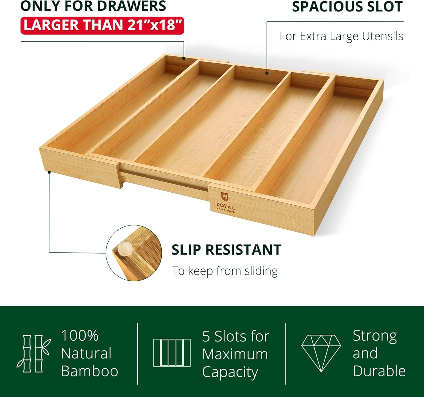 ROYAL CRAFT WOOD Luxury Bamboo Kitchen Drawer Organizer - Silverware Organizer, Utensil Holder & Cutlery Tray Drawer Dividers for Flatware (9 Slot, Natural)