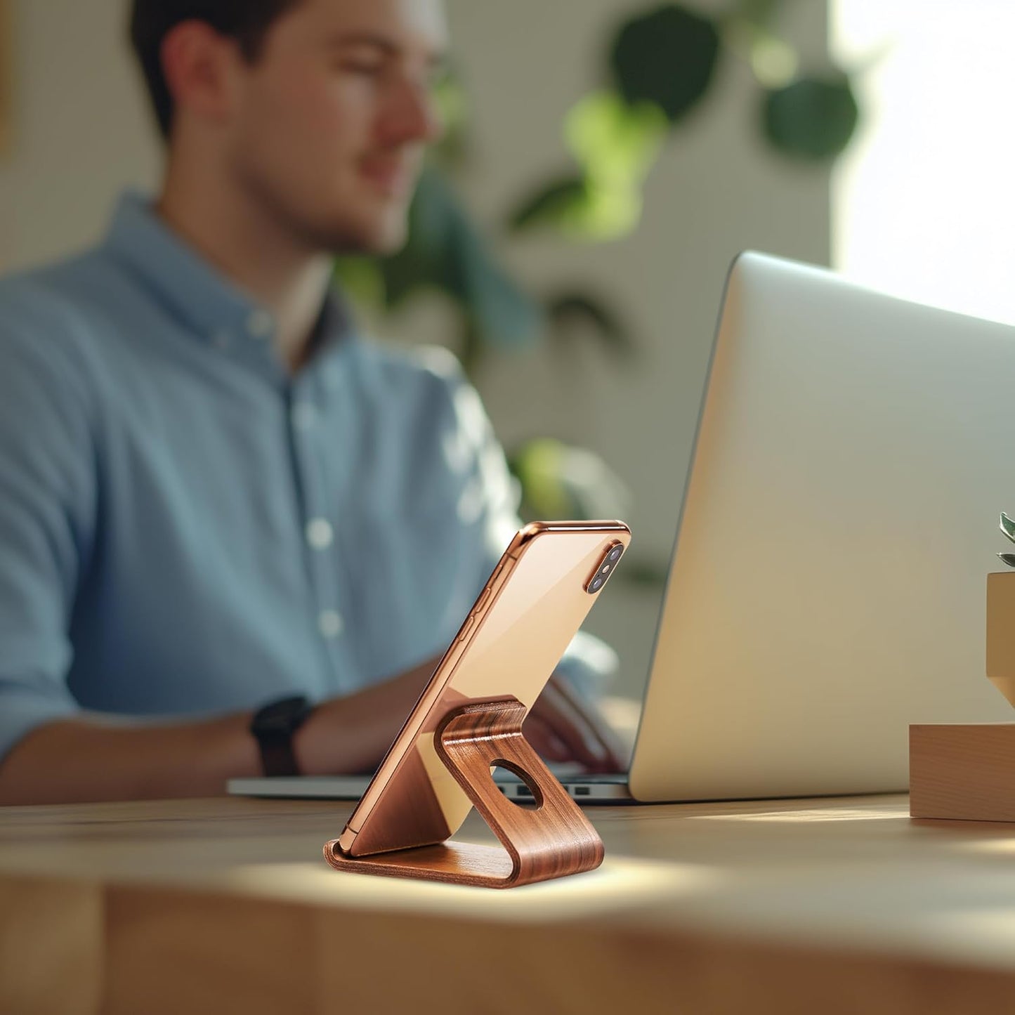Cell Phone Stand for Desk - Portable Wood Phone Holder for Bed Compatible with iPhone 16 15 14 13 Pro Max 12 11 iPad mini, Smartphone, Wooden Office Aesthetic Desk Accessories