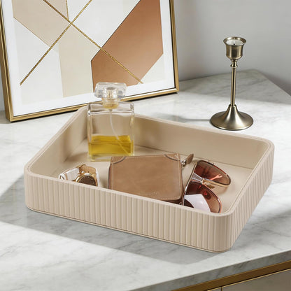 Desk Organizer Tray, PU Leather Nightstand Organizer Perfume Valet Tray for Men Women, Decorative Vanity Trays Trinket Dish Key Bowl for Entryway Table (2pcs, Ivory, Large+Small)