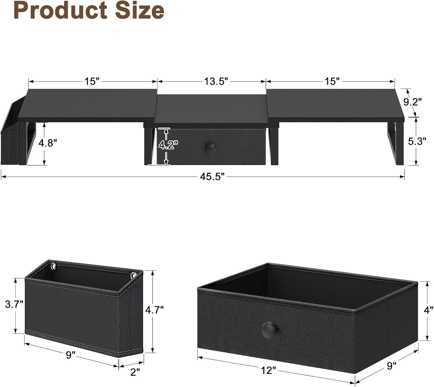 LAND·VOI Heavy Duty Dual Monitor Stand, Holds 2 Screens Up to 27 Inches, Adjustable Length and Angle Monitor Riser, Desk Organizer with Side Pockets and Drawers, Home Office Desk Storage, Rustic Brown