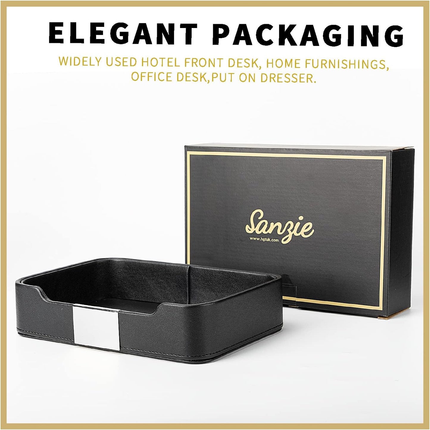 SANZIE Luxury Leather Tray Desktop Storage Catchall Organizer Decorative Tray for Entryway Table to Hold Jewelry Watch Keys Phone Wallet (Metal Glided, Black)