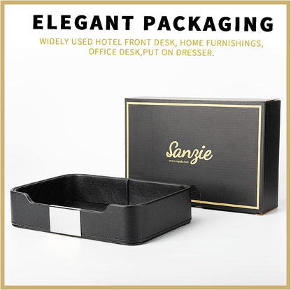 SANZIE Luxury Leather Tray Desktop Storage Catchall Organizer Decorative Tray for Entryway Table to Hold Jewelry Watch Keys Phone Wallet (Metal Glided, Black)