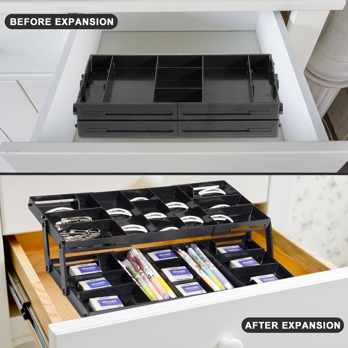 Aobiono Multi Level Smart Drawer Organizer, Multi Tier Expandable Storage Collapsible Foldable Trays for Jewelry, Cosmetics, Makeup, Tools, Battery (White, Single Row - 2 Levels)