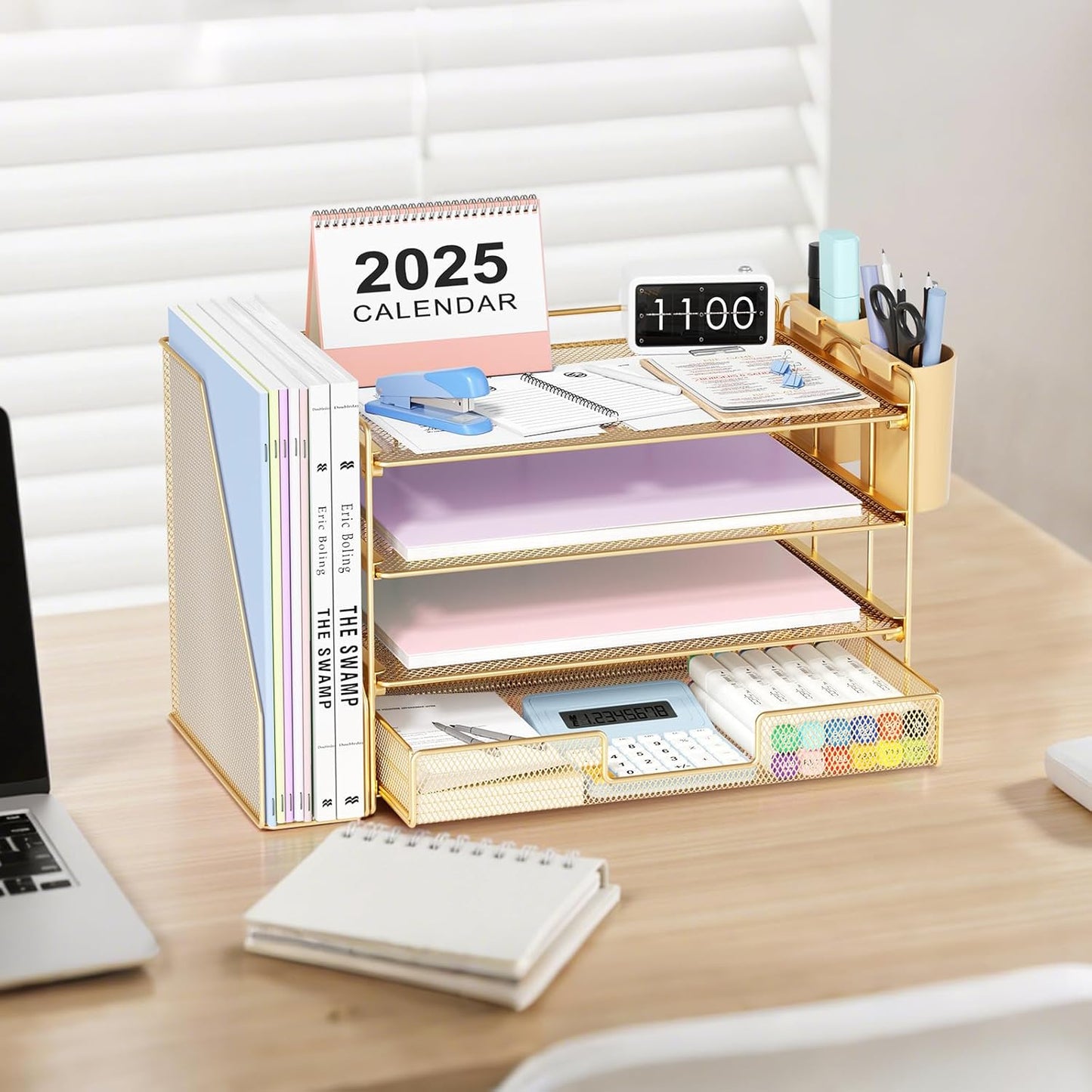 OPNICE Desk Organizers and Accessories, 4-Tier Office Desk Accessories & Workspace Organizers with Drawer and Pen Holder, Desktop Paper Tray File Organizer for Home Office Supplies, Gold