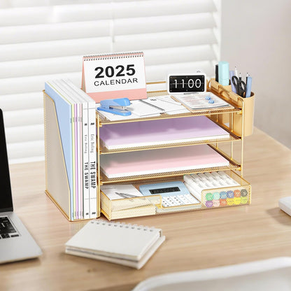 OPNICE Desk Organizers and Accessories, 4-Tier Office Desk Accessories & Workspace Organizers with Drawer and Pen Holder, Desktop Paper Tray File Organizer for Home Office Supplies, Gold