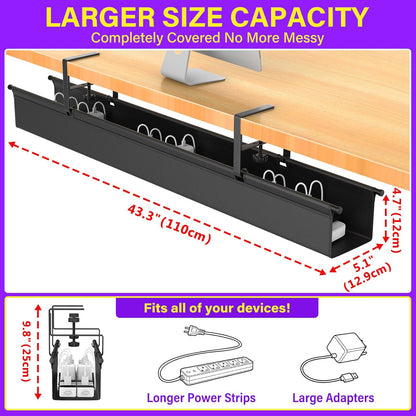 Large Under Desk Cable Management Tray, REFLYING 43.7" Cable Management Under Desk No Drill,Adjustable Clamp Cord Wire Organizer, Cord Hider for Standing Table, Wire Hider for Office,Home (Large)