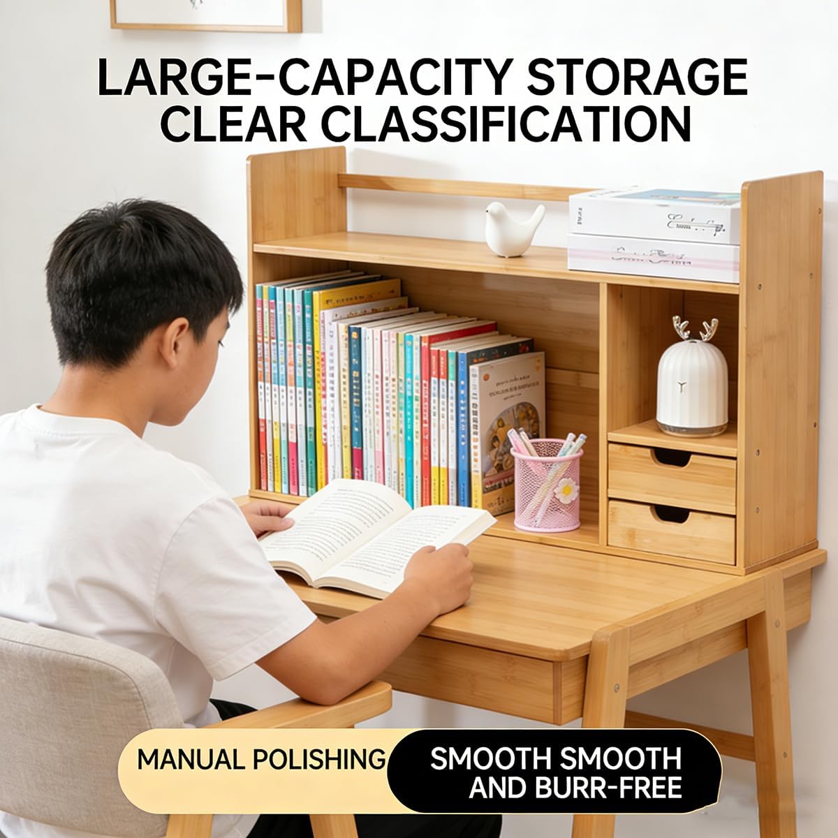 Bamboo Desktop Bookshelf – Small Bookshelf for Desk with Drawers, Double Layer Display Shelf & Desk Hutch Organizer for Office, Dorm & Computer Desk (22.8"x7.5"x18.1")
