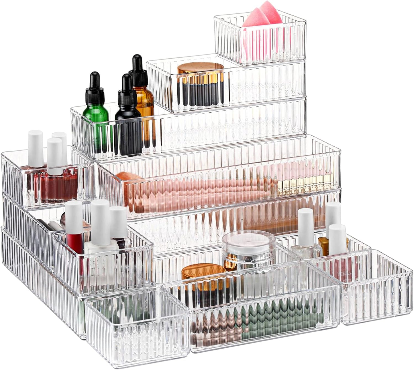 Teenyyou 18 Pcs Drawer Organizer Stackable 4 Size Makeup Drawer Organizer Trays Acrylic Bathroom Vanity Storage Bins for Cosmetic, Jewelries, Office Supply, Kitchen Utensils(Clear,Stripes)