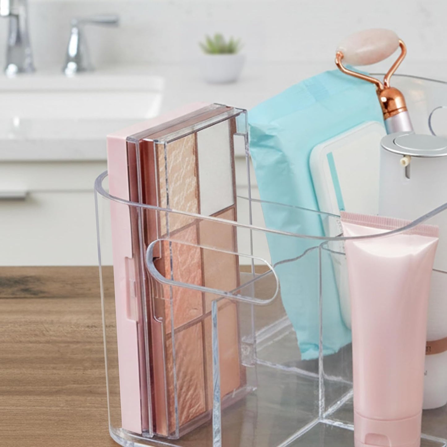 STORi Bliss 5-Compartment Plastic Cosmetics Storage Organizer, Set of 2 | Clear | Rectangular Divided Makeup Bin & Vanity Caddy with Pass-Through Handles | Round Corner Design | Made in USA