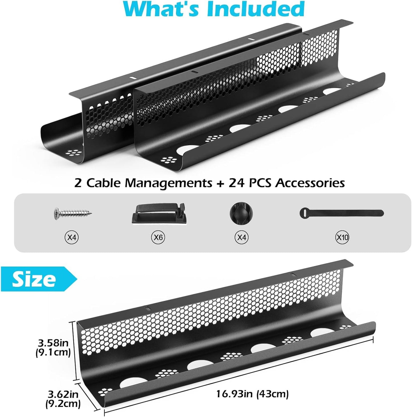 KHAMAL Cable Management Under Desk 26PCS - Cable Management Tray Kit Ventilated Hexagonal Design with Cable Clips, Wire Ties, Cord Holder & Screws for Office, Home - 2 White Sets