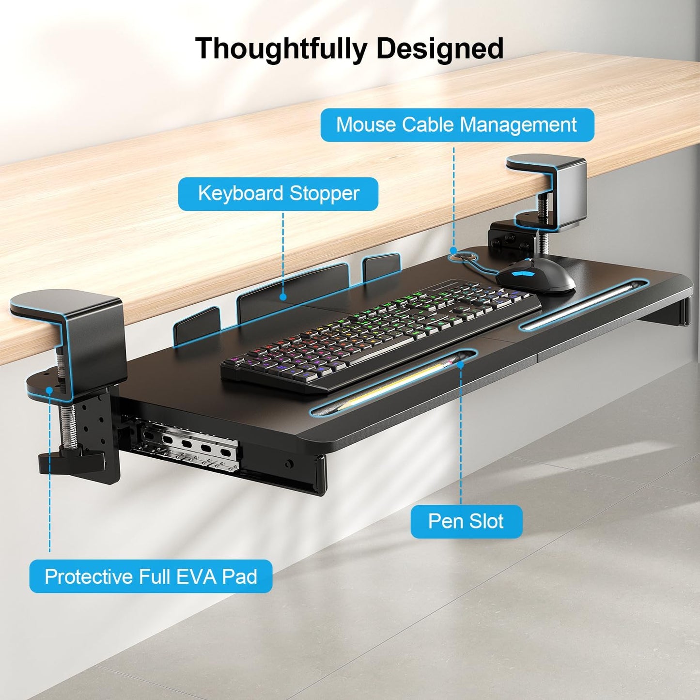 Supcline Keyboard Tray Under Desk with 60° Swivel C-Clamp & Height Adjustment for Corner Desk, 25.6 x 11.8 in Slide Out Keyboard Mouse Platform for l-Shaped & L-Shaped Table, Pull Out Keyboard Drawer