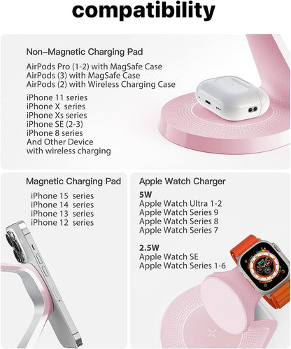 3 in 1 Charging Station for Apple Devices,Mag-Safe Charger Stand Fast Charging,Wireless Charger for iPhone 16/15/14/13/12 Series,& AirPods,& iWatch(USB-C Charger Included)