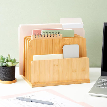Bamboo Wooden Mail Holder, File Sorter for Letter and Folder Document Storage, Envelope Organizer with 5 Slots for Office Desk, Countertop, Home Organization (10x7 in)