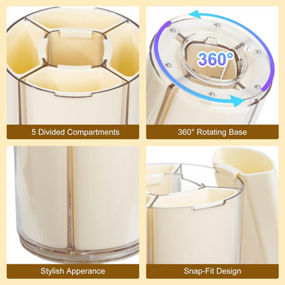 Comix 360° Rotating Pen Holder for Desk, Cute Pencil Holder Pen Organizer, Beige Acrylic Pencil Cup Caddy with 5 Slots for Home School Office Supplies