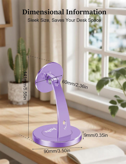 Aoviho Magnetic Phone Stand for Desk – 360° Rotating Aluminum Phone Holder, Stable Desk Stand for Office, Home & Kitchen, Compatible with iPhone 17 Pro Max 16–12 Series and MagSafe Cases, Purple