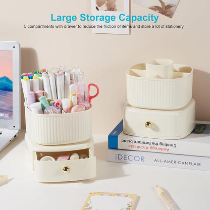 Desk Pencil Pen Holder, 5 Slots 360 Degree Rotating Pencil Pen Organizers for Desk Desktop Storage Stationery Supplies Organizer Cute Pen Cup for Office School Home Art Supply Cream Yellow