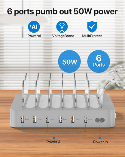 SooPii Premium 6-Port USB Charging Station Organizer for Multiple Devices, 6 Short Charging Cables and One Upgraded i-Watch Charger Holder Included, for Phones, Tablets, and Other Electronics, White