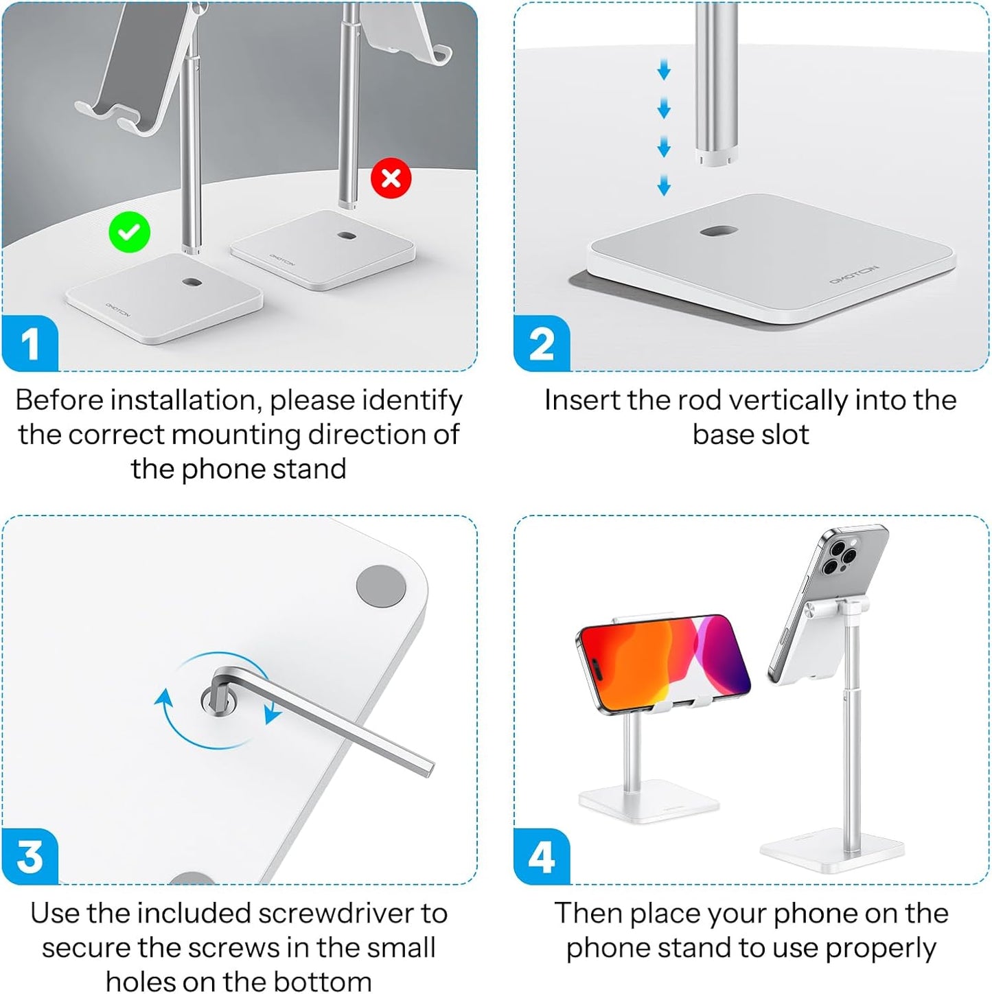 OMOTON Cell Phone Stand, Adjustable Angle Height Desk Phone Dock Holder for iPhone Air 17 Pro Max/Plus/XS/XR, Samsung Galaxy S20 / S10 / S9 / S8 and Other Phones (3.5-7.0-Inch)