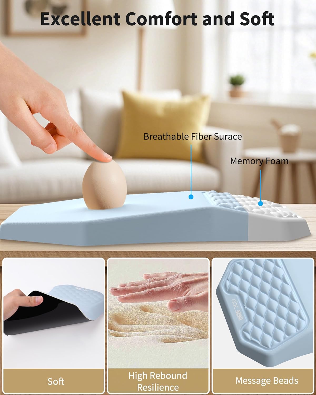 Ergonomic Mouse Pad and Keyboard Wrist Rest Support Set, Massage Design Mousepad for Carpal Tunnel Pain Relief, Memory Foam, Non-Slip PU Base for Computer Desk, Baby Blue